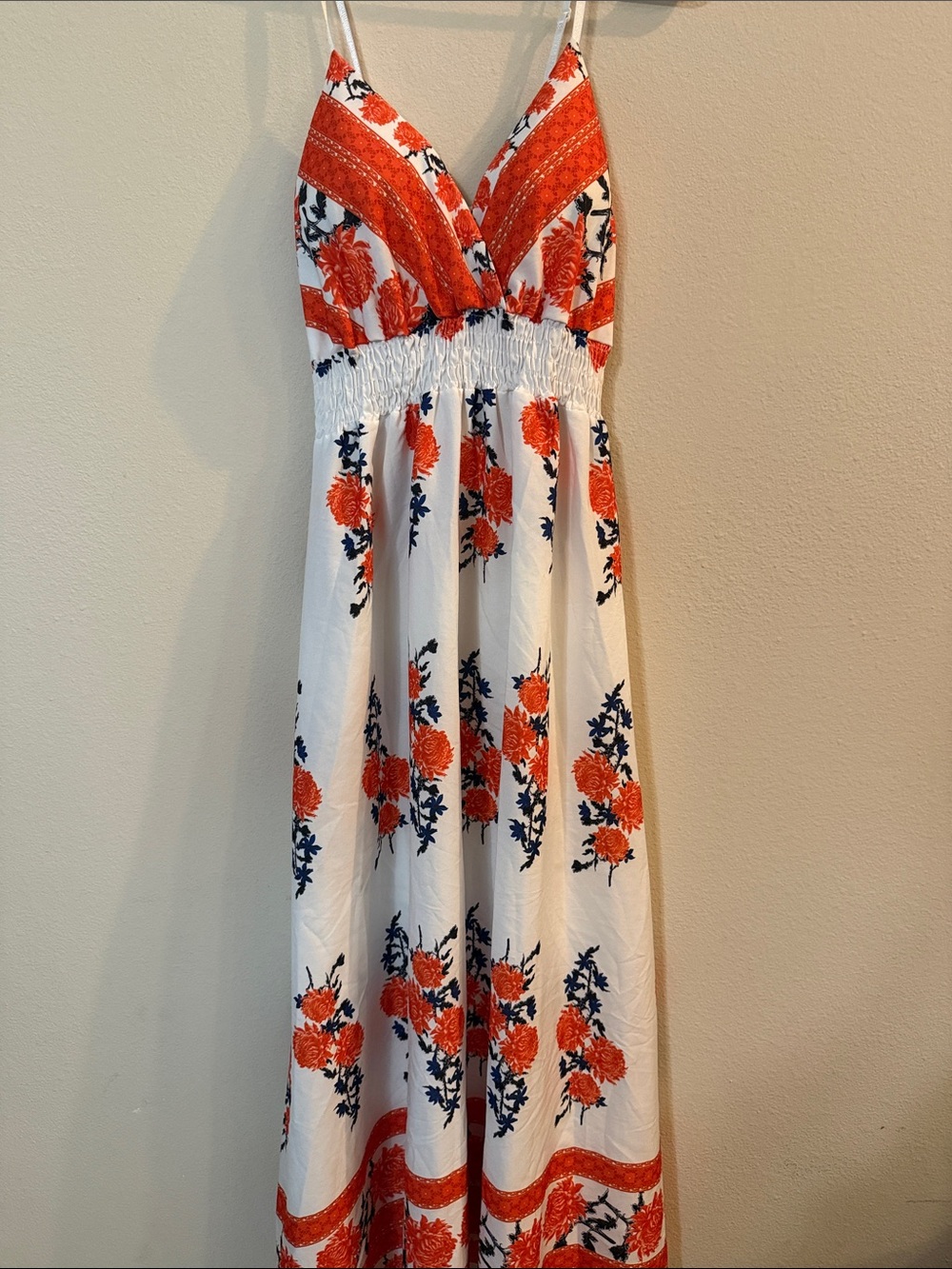 Floral White Maxi Dress with Orange and Navy Print